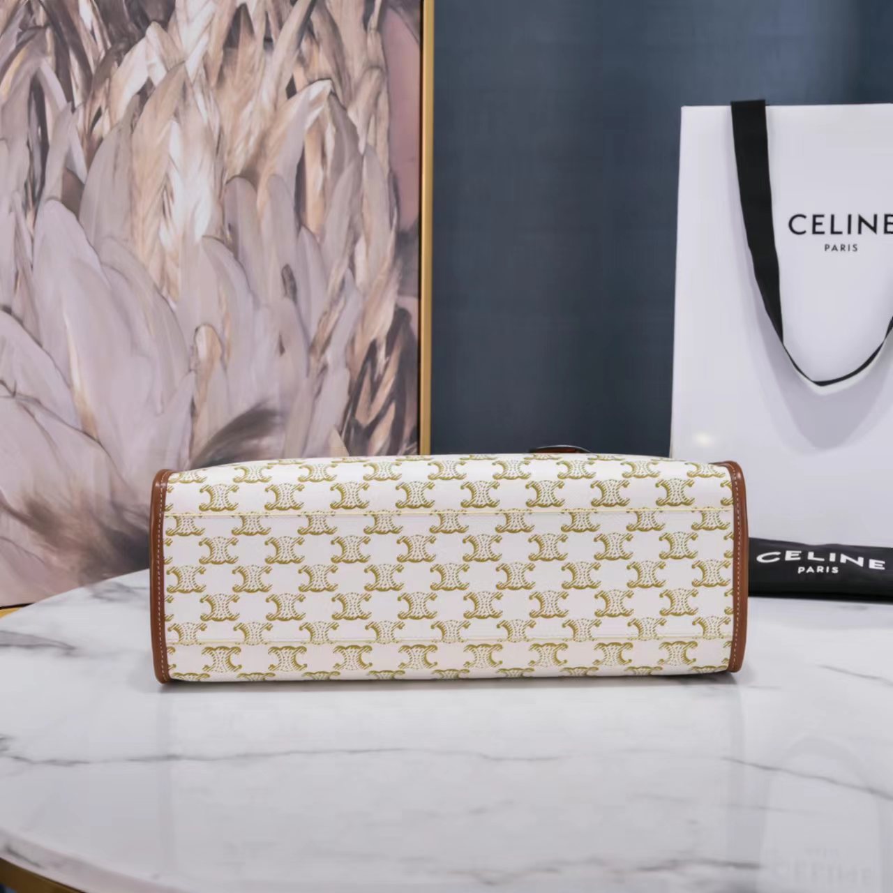 Celine Mini Horizontal Cabas In Triomphe Canvas And Calfskin White 199742